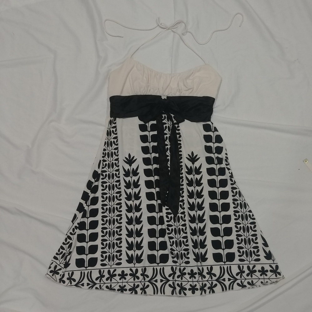 Vintage Rampage Dress Women's L Retro Black White Mod Mini Fit Flare Halter Y2K